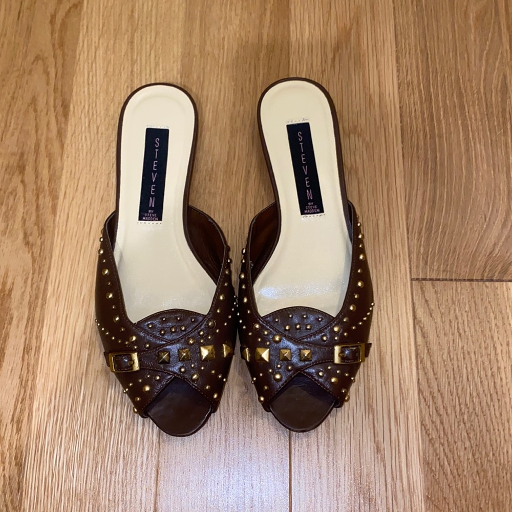 Steven by Steve Madden slip ons. Size 7, brown and gold studs.